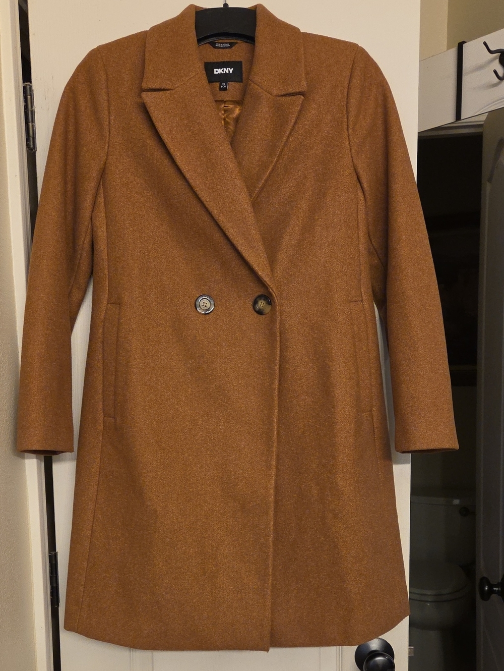Like NEW Chic DKNY Camel Double Breasted Pea Coat. Size XS